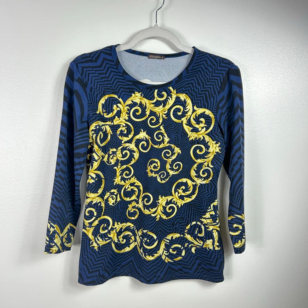 J. McLaughlin Dark Blue Black Gold Flourishes 3/4 Sleeve Blouse Size Small